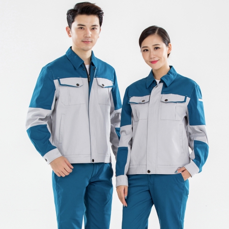 订制米灰拼浅蓝工作服

